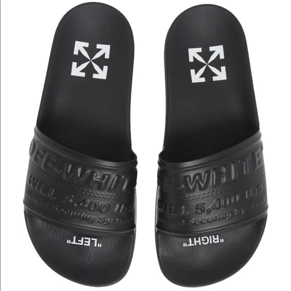 NIB Off-White Virgil Abloh Black HF Embossed Logo Pool Slide Sandals EU 39 & 40 - Picture 1 of 17